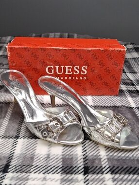 Vintage GUESS Metallic Silver Buckle Open-Toe Mid Heel Slides